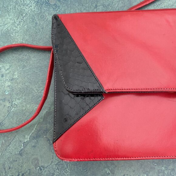 Bill Valentine red leather clutch purse retro black moc croc trim shoulder bag - Picture 11 of 12
